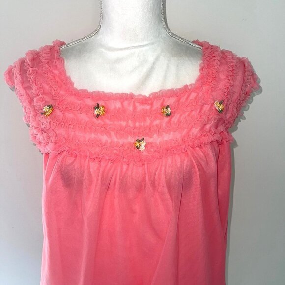 Layered Nightie Top Womens Size Small S Vintage Pure Nylon Ruffle Applique Pink - Picture 6 of 10